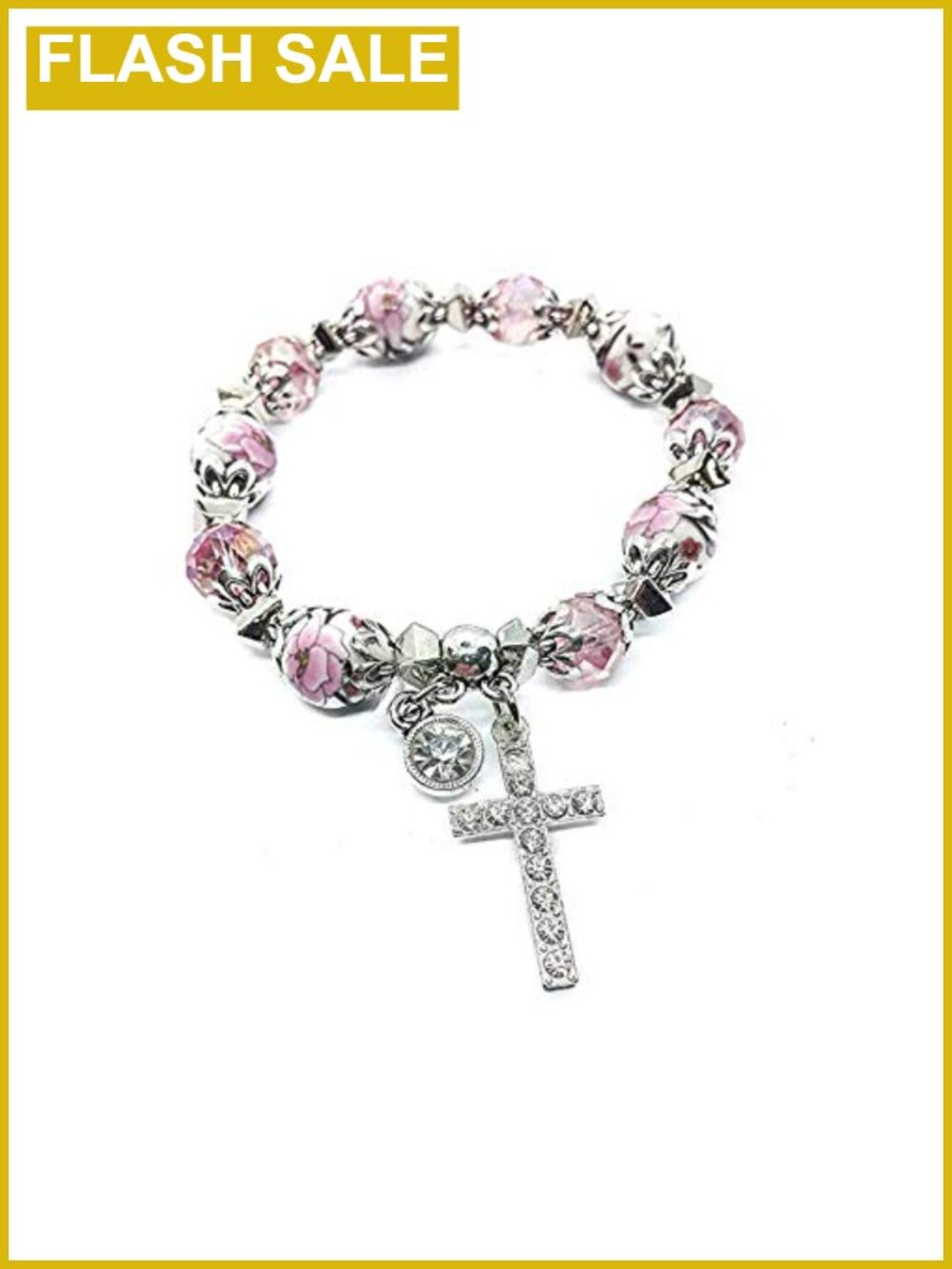 Handmade Crystallized Glass Bead Cross Bracelet Ceramic Flower Stretch Bangle